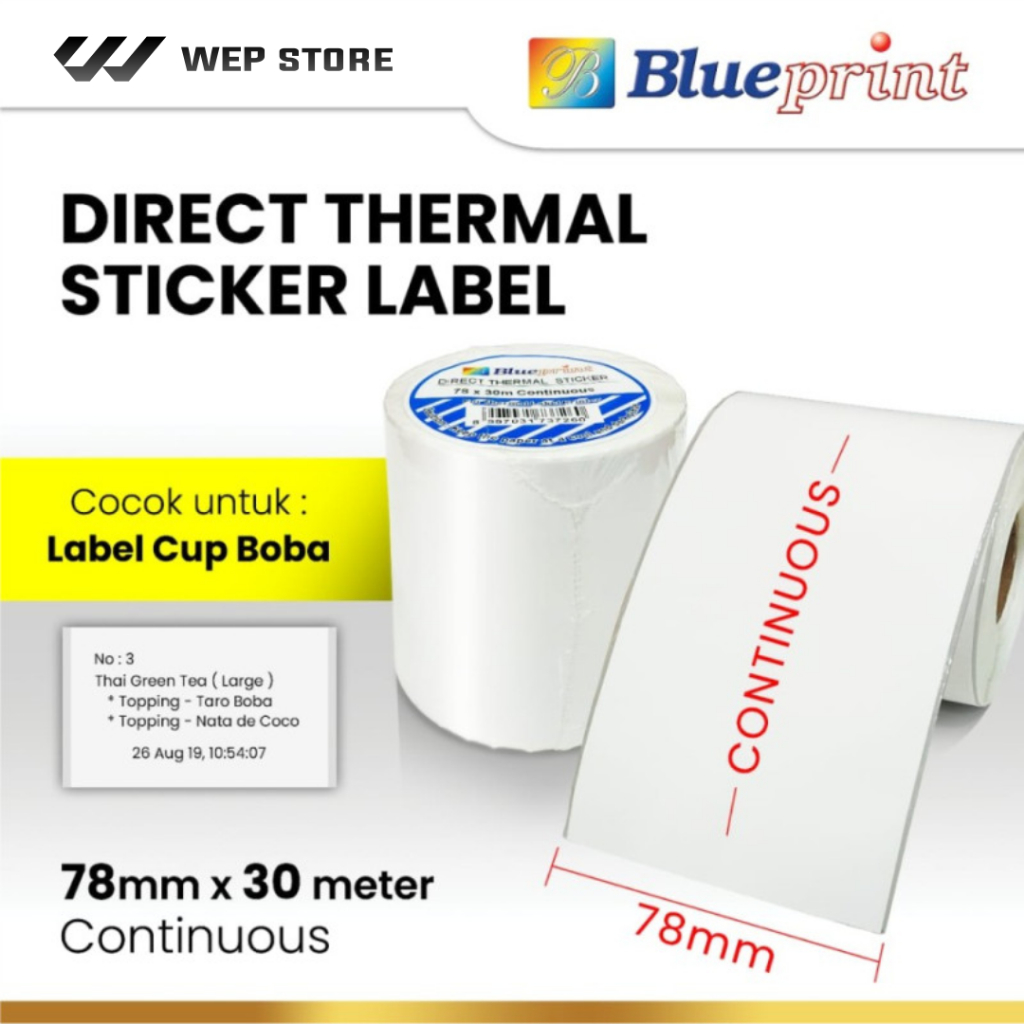 

Blueprint Direct Thermal Sticker Label Continuous Lebar 78 mm x panjang 30 meter Resi Online Shop