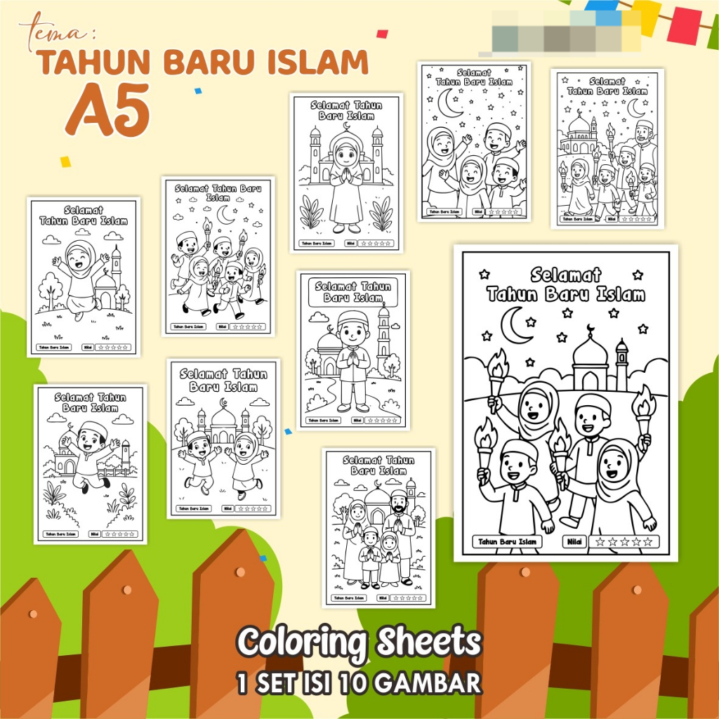

KERTAS GAMBAR MEWARNAI TEMA TAHUN BARU ISLAM - LEMBAR COLORING SHEETS KIDS ISI 10 LEMBAR [A5] READY