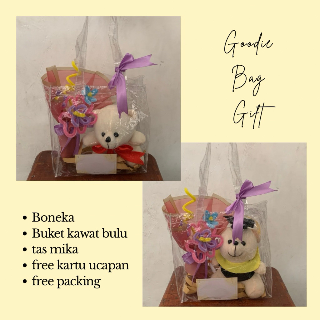 

Gift bag flower tas mika boneka dan bunga kawat bulu kado wisuda tas transparant