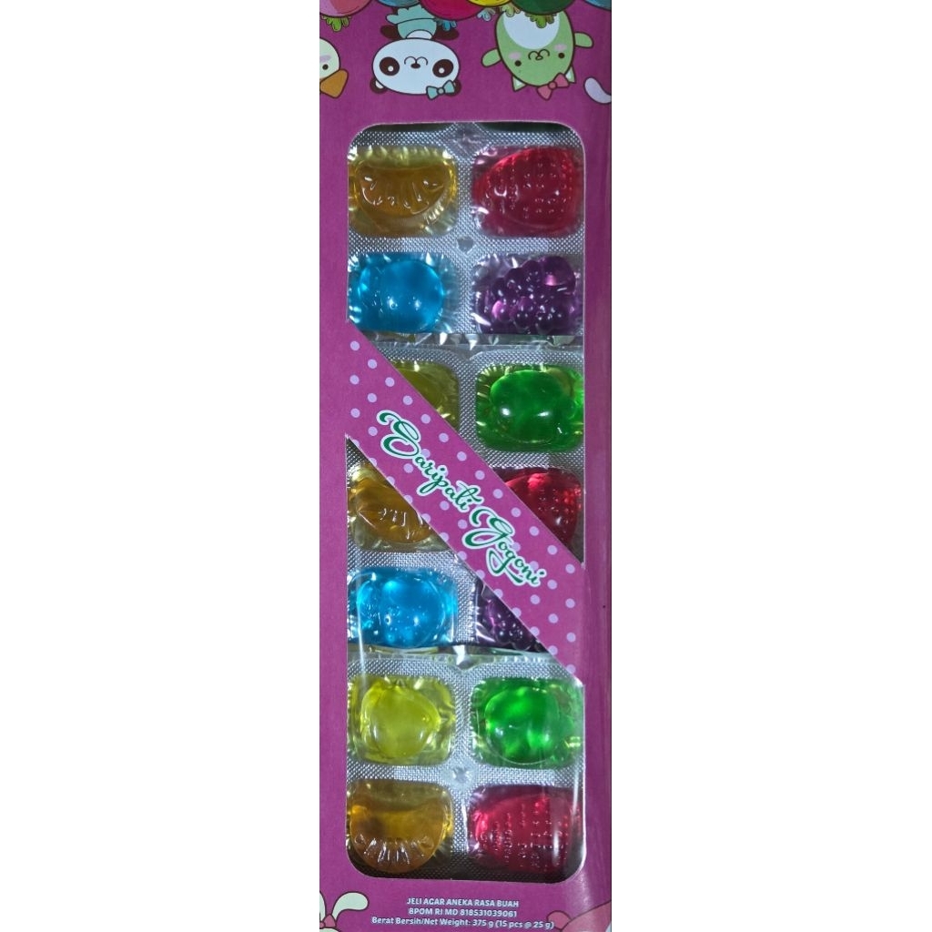 

Jely Agar Aneka Rasa Buah Saripati Gogoni 1 pak isi 15 pcs @25gr