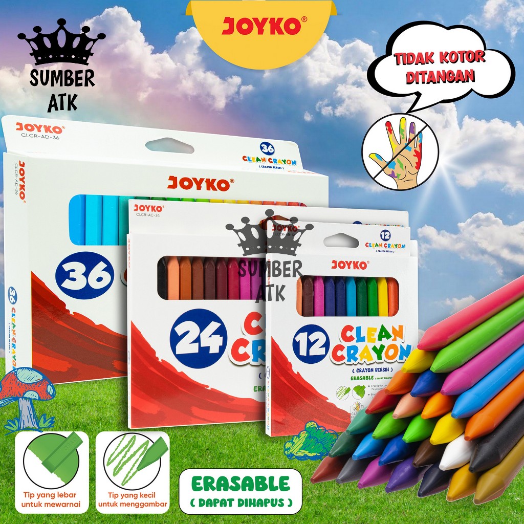 

Krayon Bersih Dapat Dihapus Clean Crayon Erasable JOYKO 12 24 36 Warna CLCR-AB-12 CLCR-AC-24 CLCR-AD-36