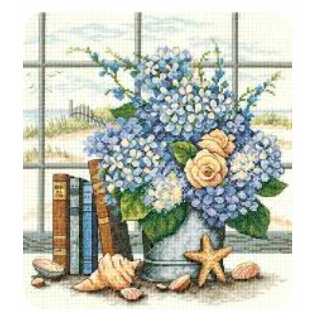 DIY paket kristik buku & bunga hortensia hydrangea book flower pola kain cross stitch kit 14ct dmc k