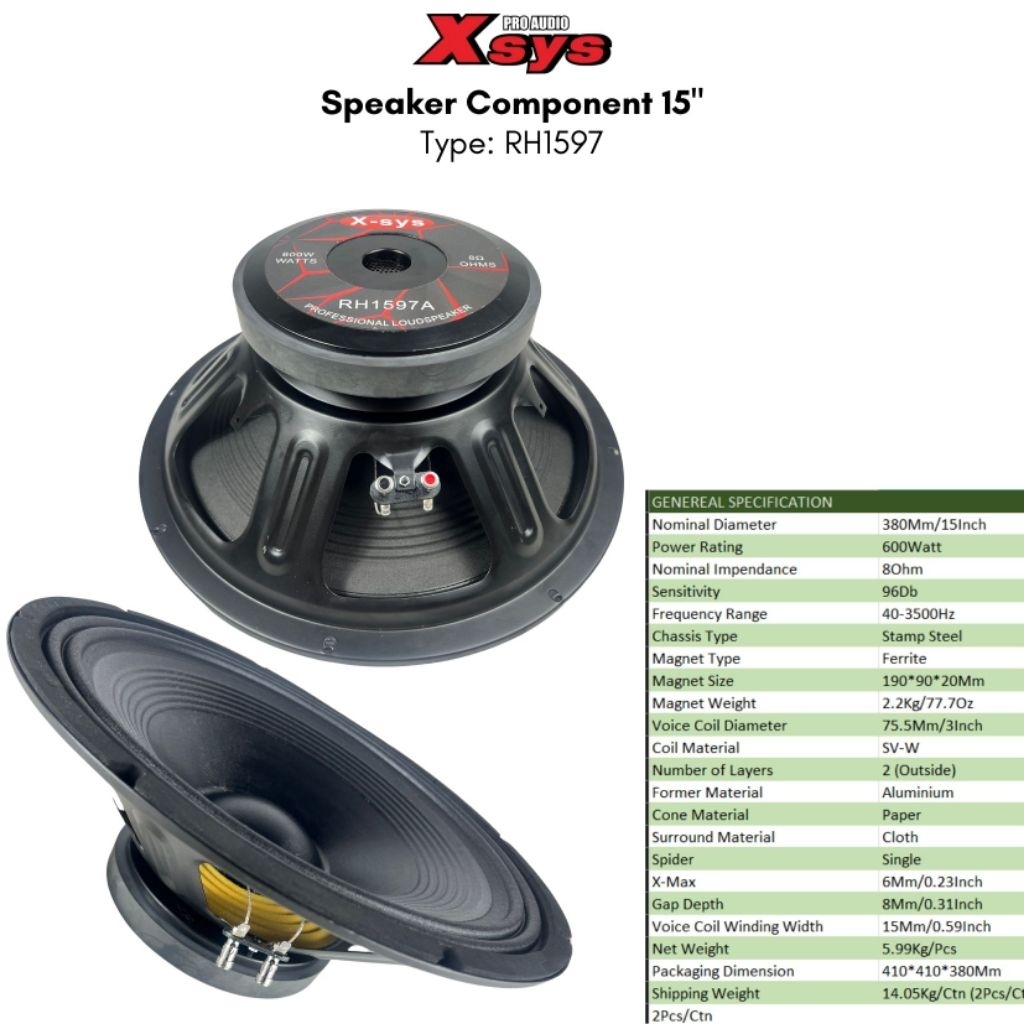 Speaker Woofer / speker 15 inch X sys Type RH 1597 A Voice coil 3inch Daun Coating ( Low Mid )