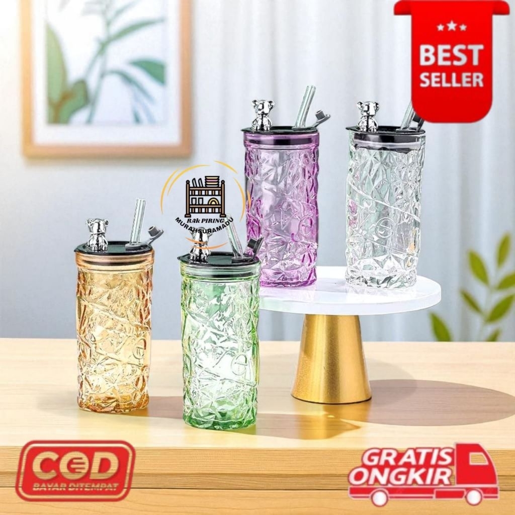 [PRP] Botol Kaca Kristal Panda Tumbler Glass Gelas Sedotan Kopi Wadah Minum Aesthetic