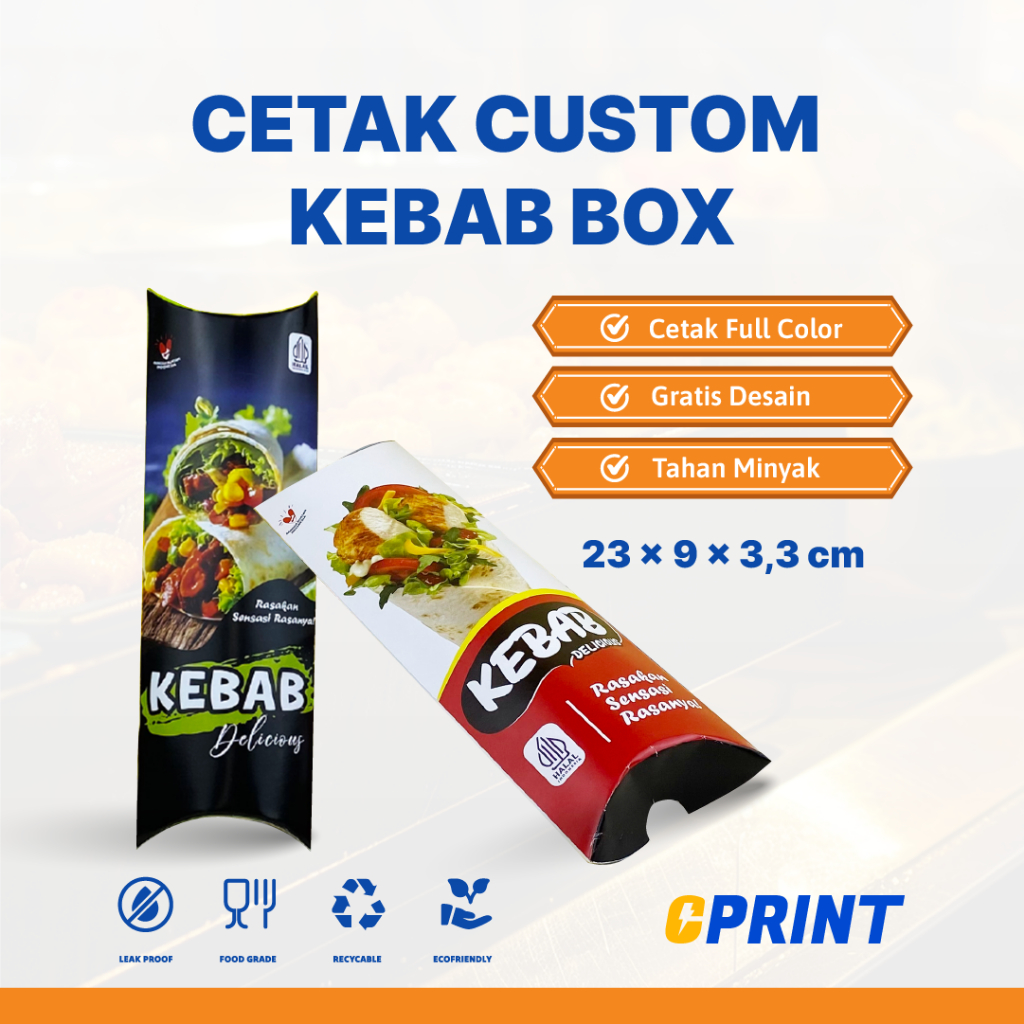 

Kebab Box Custom Full Colour - Ivory290gr Uk 23 x 3,3 x 9cm Design Gratis Tahan Minyak
