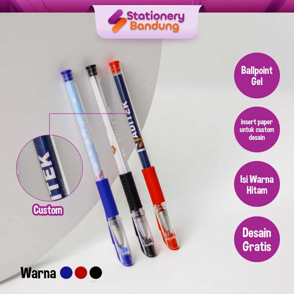 

Pulpen Bolpen Gel Custom Desain Logo Tulisan Souvenir Promosi Usaha Cetak Nama Event Brnading Murah