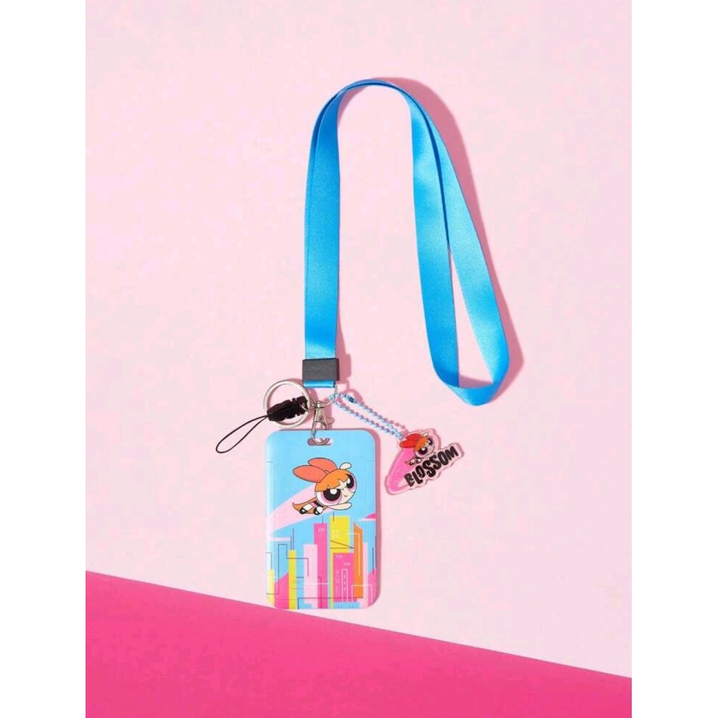

THE POWERPUFF GIRLS X SHEIN Fashion Cute Blossom Print Blue Lanyard Card Holder