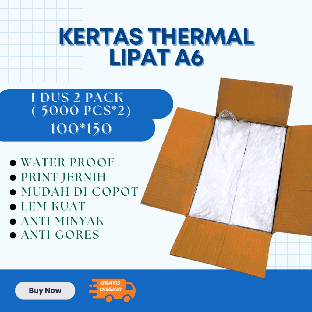 

Kertas Label Thermal 100x150mm (5000 Pcs) (1 Dus isi 2 Pack) – A6 Label Sticker Printer |