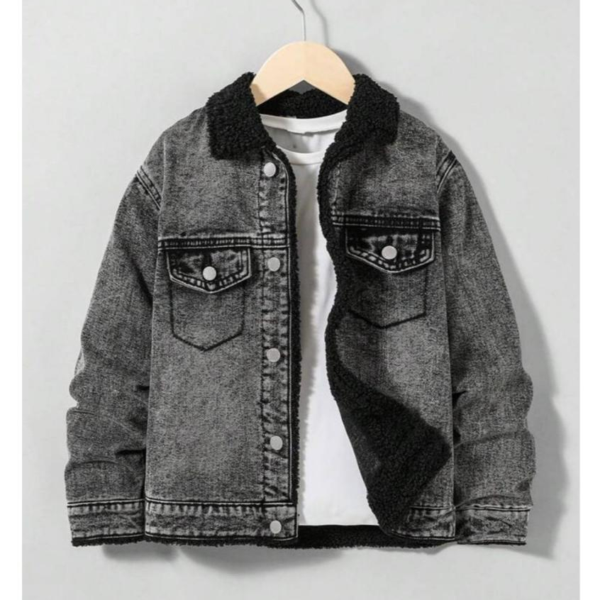MM.store Jaket Jeans Denim Bulu/Sherpa Jeans Pria abu wash Bulu Sherpa Tebal Lembut