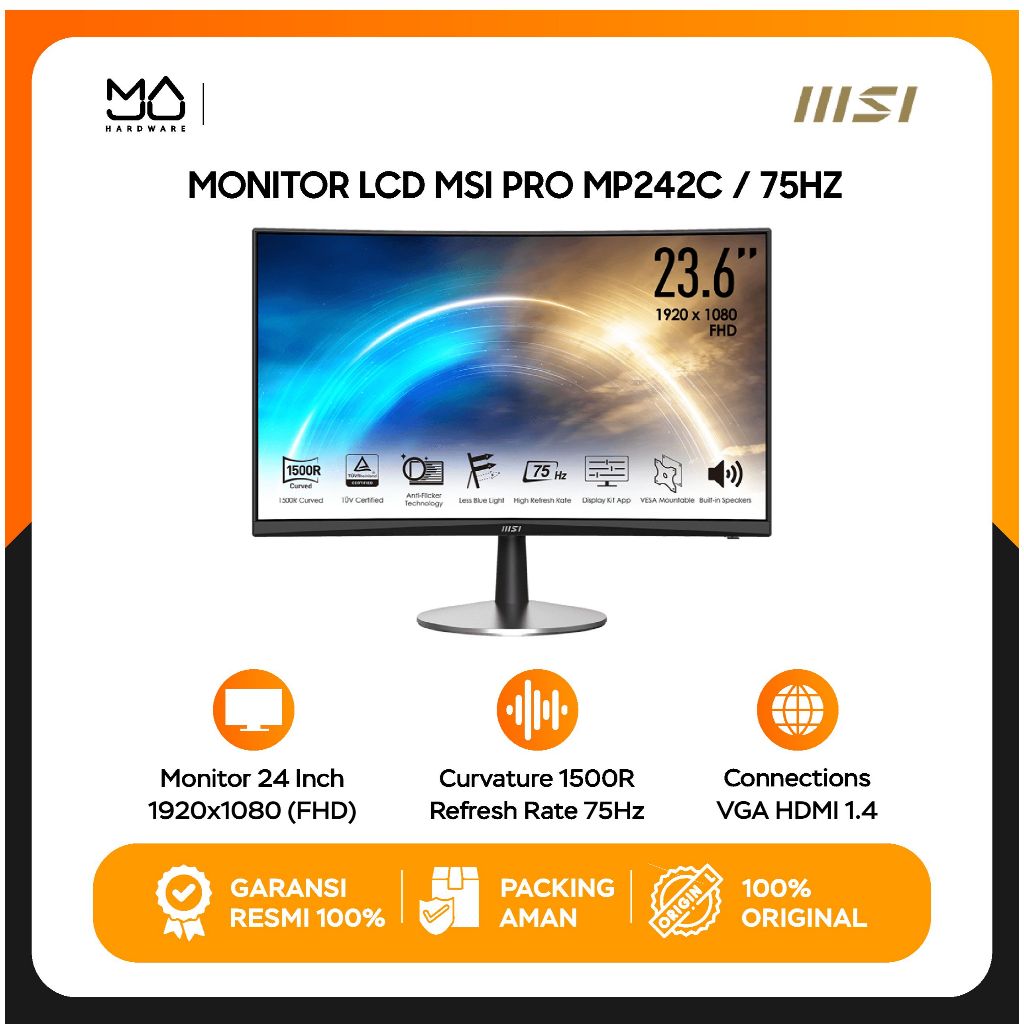 Monitor MSI PRO MP242C Monitor Gaming Curved 24"/23.6 FHD VA 75Hz - Garansi Resmi