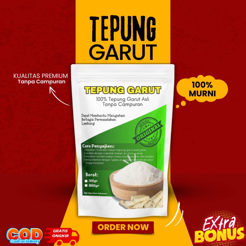 

TEPUNG PATI GARUT Premium 1000 Gram 1 Kg/Obat Maag Asam Lambung/Angkrik/Arrowroot