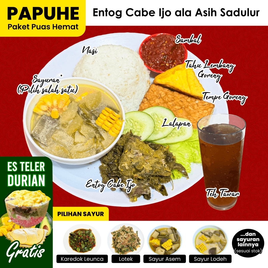 

PAPUHE Entog Cabe Ijo Paket Puas Hemat Nasi Ayam Tahu Tempe Sayur Sambal Lalapan Teh | Paket Nasi Asih Sadulur