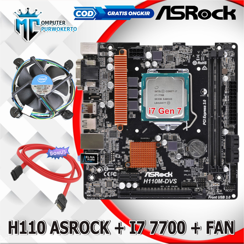 Motherboard Mainboard H110 dengan Processor i7 7700 Gen 7 dan Fan
