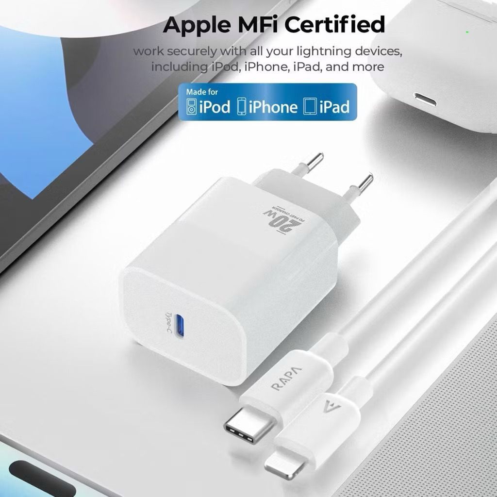 [CHARGER IPHONE MFI] RAPAtech Charger 20W Mfi Usb Type C to Lightning Fast Charging for iPad iPod iP