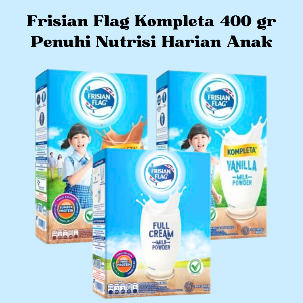 

Susu Frisian Flag Kompleta Kemasan 400 gr - Susu Bubuk - Coklat - Vanilla - Full Cream