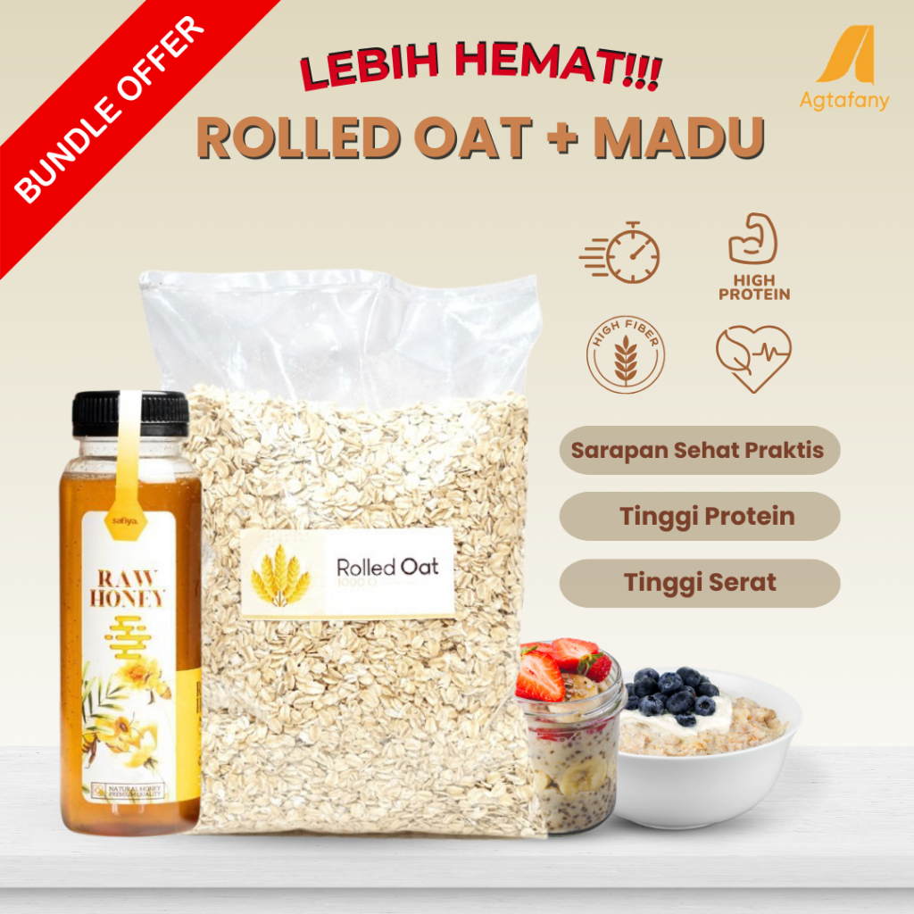 

[Paket Sarapan Sehat] Bundling Rolled Oat 1 kg + Madu Murni 350 gr Raw Honey Oatmeal Praktis Oat Overnight Sereal Kaya Serat Nutrisi Rendah Kalori