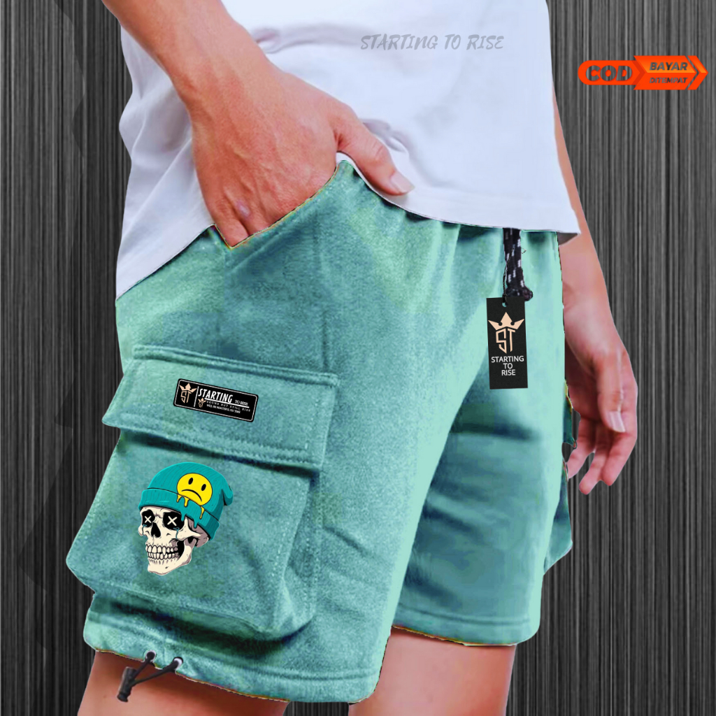 STARTING TO RISE Celana Cargo Pendek Bahan Flecce Pria Wanita Pakaian Distro Motif Tengkorak Cupluk 