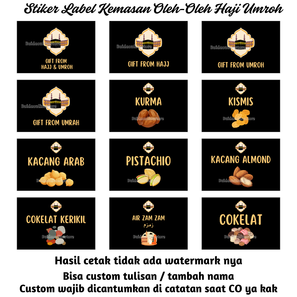 

Stiker Label Sticker Kemasan Oleh-Oleh Haji Umroh hampers kurma kismis kacang arab almond pistachio cokelat kerikil air zam zam Packaging dus box mika thinwall pouch black Gift From Hajj Umrah dekorasi parcel souvenir hiasan aksesoris bingkisan kotak