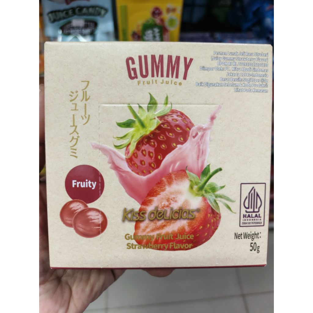 

Kiss Delicias Juicy Gummy Strawberry Peach Passion Fruit 50gr permen jelli lunak