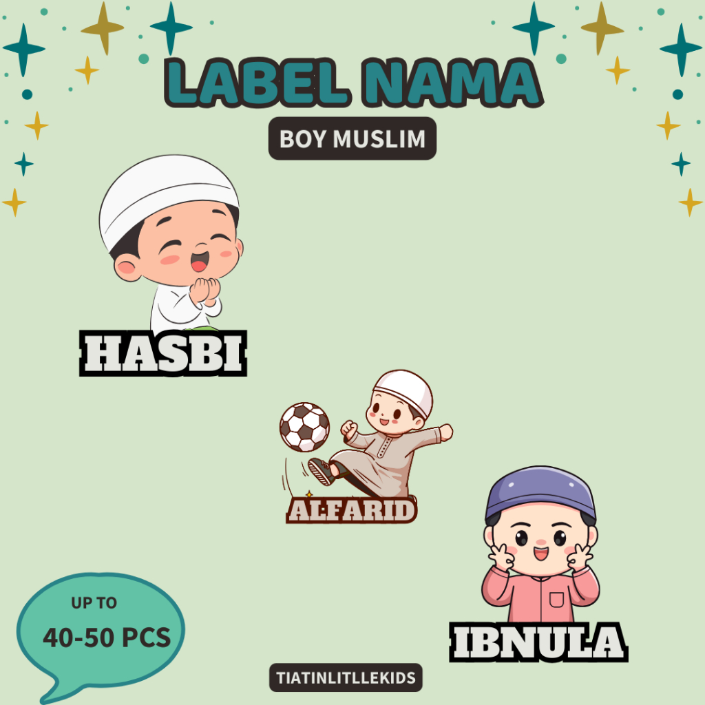 

Isi 40 pcs Sticker Nama Barang Anak Custom Sticker Vinyl Nama Anti Air Waterproof Sticker Muslim Boy