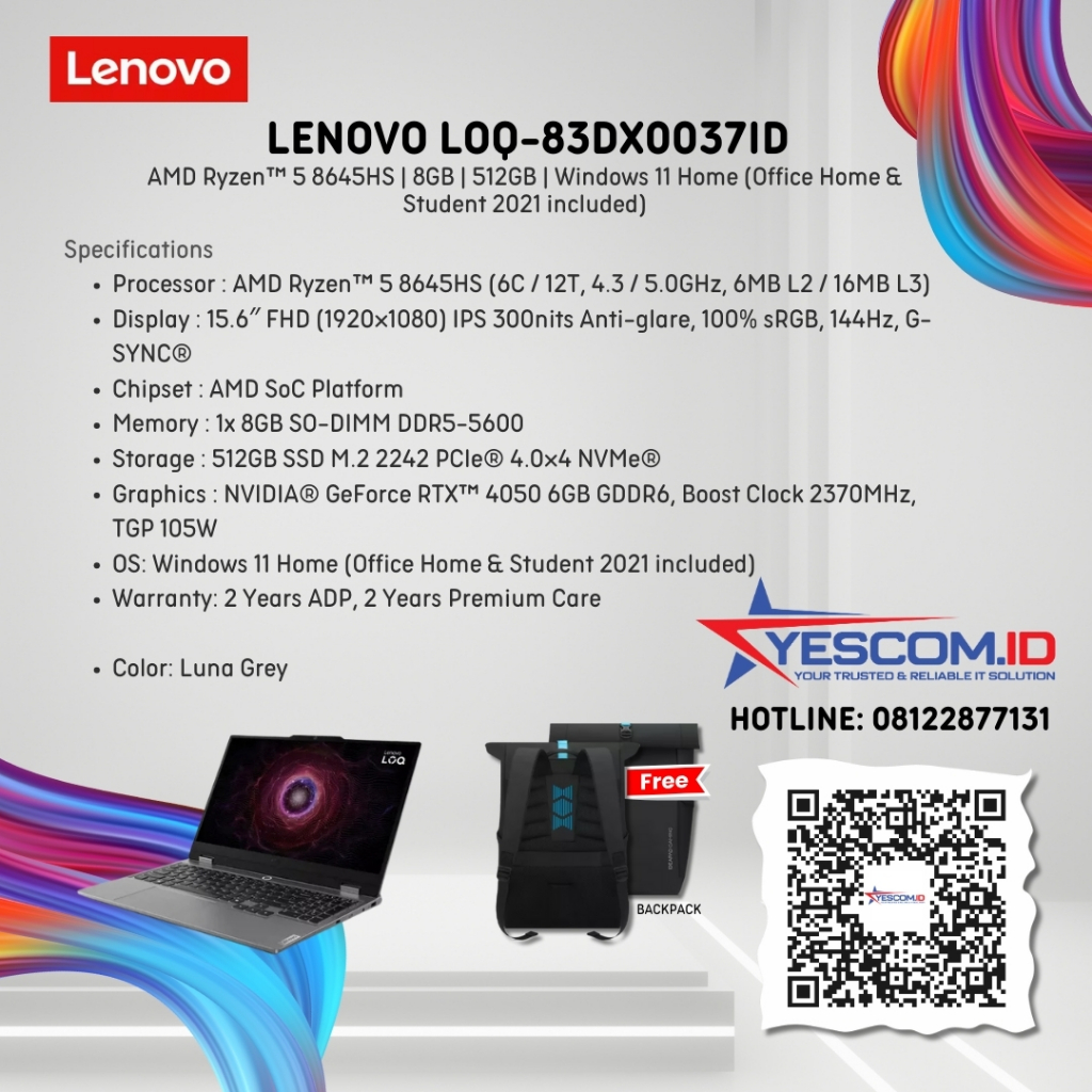 Lenovo LOQ 15AHP9-83DX0037ID C/Ryzen 5-8645HS/Luna Grey