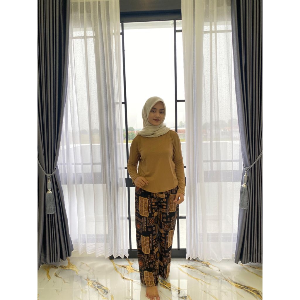 the uwais Set rayon atasan long sleeve setelan kulot rayon dan atasan rib knit oneset wanita setelan
