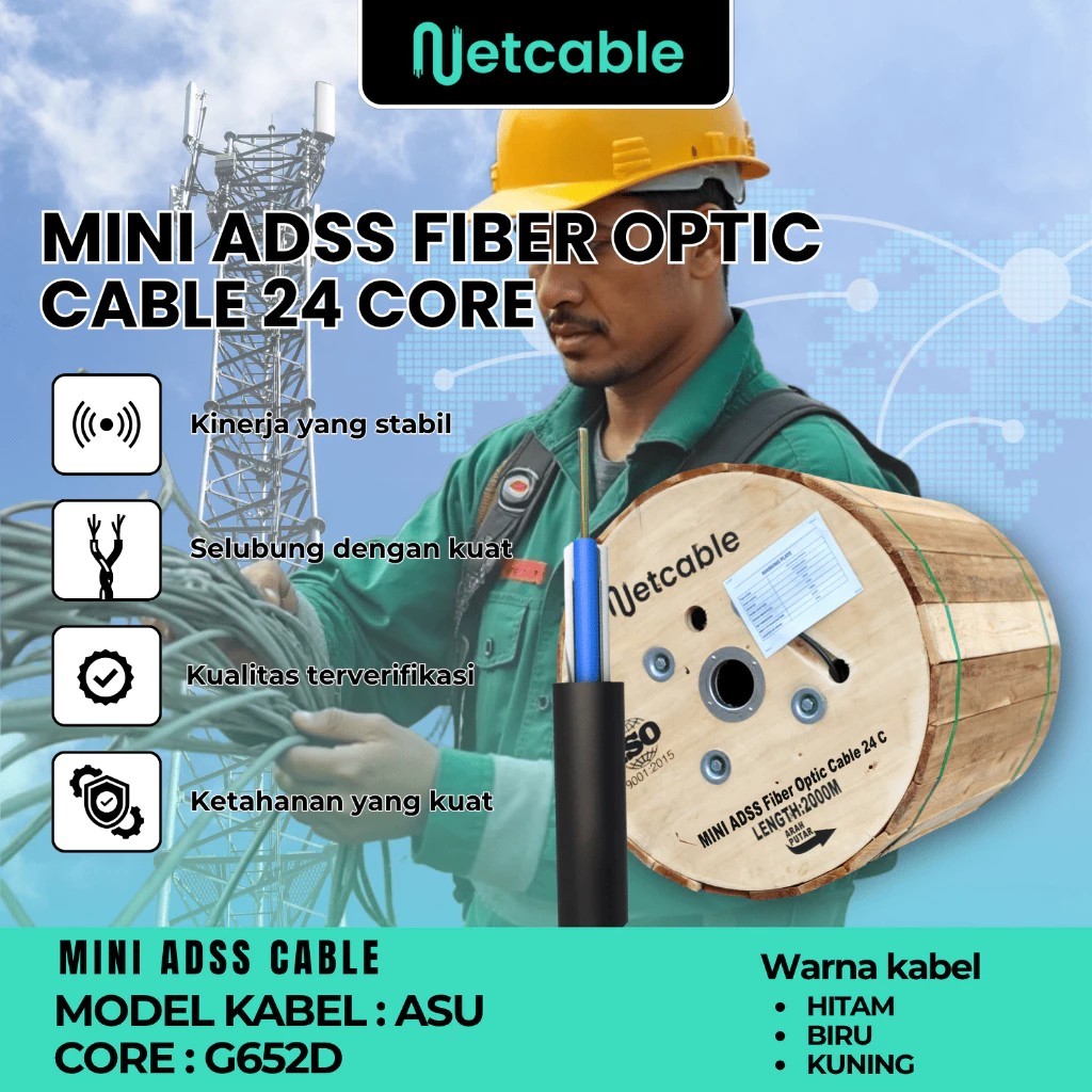 NETCABLE KABEL FIBER OPTIK FO MINI ADSS CORE 4 CORE 6 CORE 12 CORE 24 Core PANJANG 2KM 2000M 4KM 400