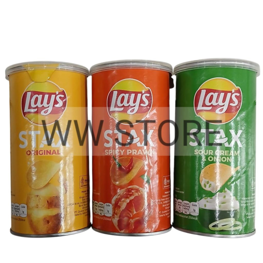 

Cemilan snek makanan ringan keripik kripik kentang rasa asli udang pedas krim asam & bawang halal MUI Lay's Lays Lay STAX ORIGINAL / SPICY PRAWN / SOUR CREAM & ONION 70g
