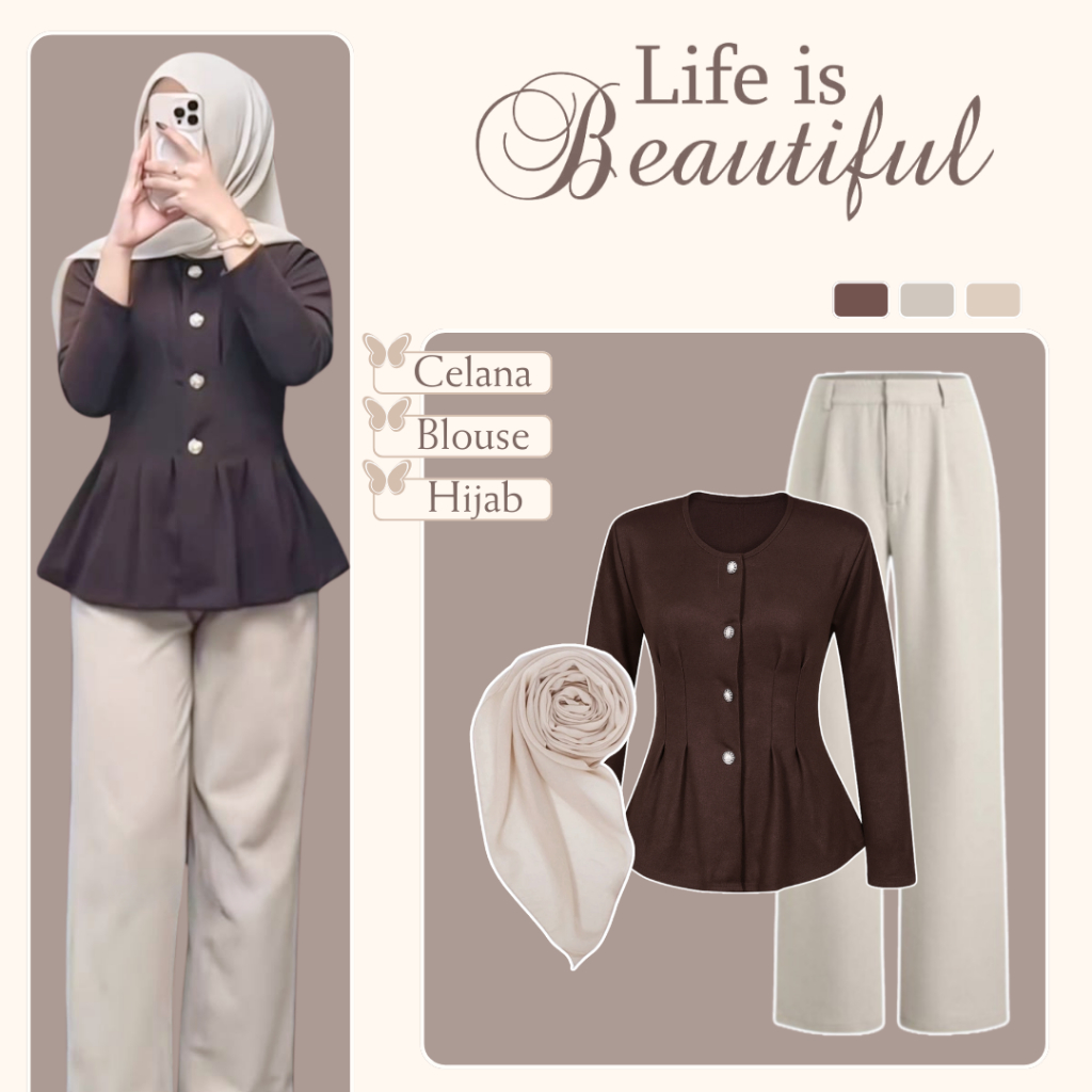 Outfit Brown Elegan ( Davina Blouse - Celana Kulot - Hijab Bella ) Setelan Wanita Kekinian - MM62N