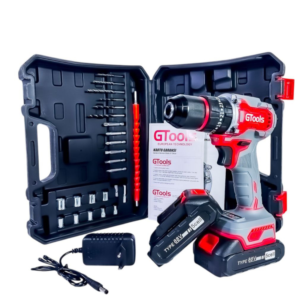 Bor 2 BATERAI GTOOLS GT34+ 3 MODE PENGEBORAN CUK BESI 13MM BRUSHLESS BOR PAKET LENGKAP FULL AKSESORI