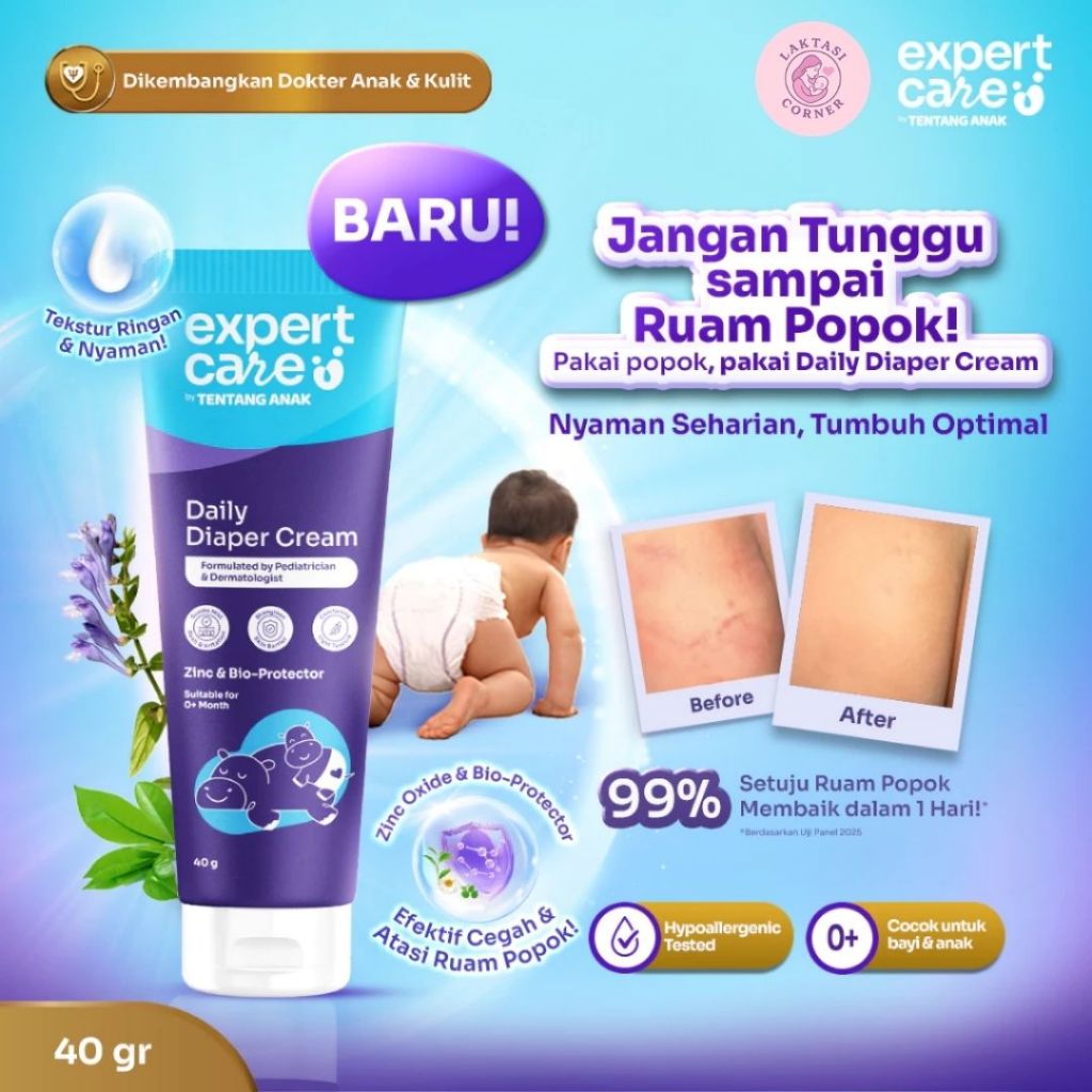 Diaper Rash Cream - Expert Care Daily Diaper Cream 40 g dengan Zinc Oxide, Panthenol & Bio-Protector