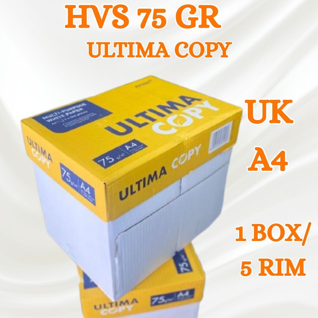 

KERTAS HVS / KERTAS PRINT / KERTAS FOTOCOPY 75 GSM UKURAN A4 MERK ULTIMA COPY 1 BOX / 5 RIM