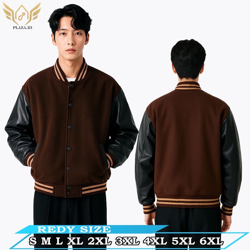Jaket Baseball Varsity Pria Wanita Oversize Kombinasi Kulit Oscar coklat tua Hitam varsity Baseball 