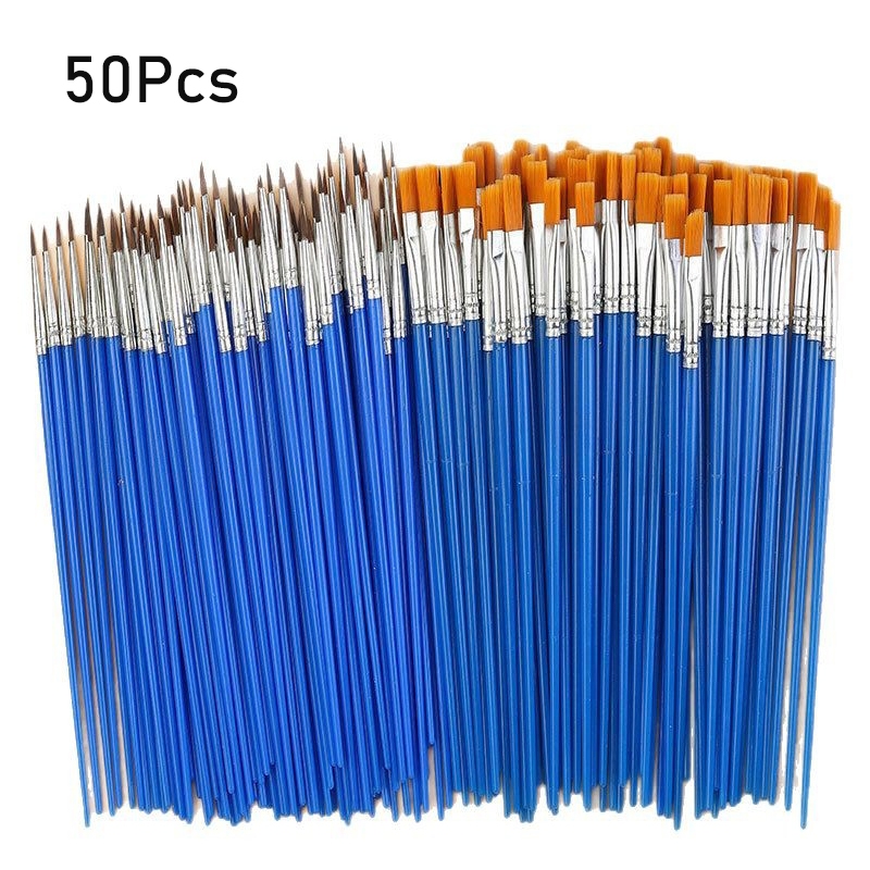 

50 Pcs Kuas Lukis Cat Air Akrilik Bulu Nilon Ujung Flat Tip Datar Lancip Paint Brush Melukis Anak Kuas Lukis