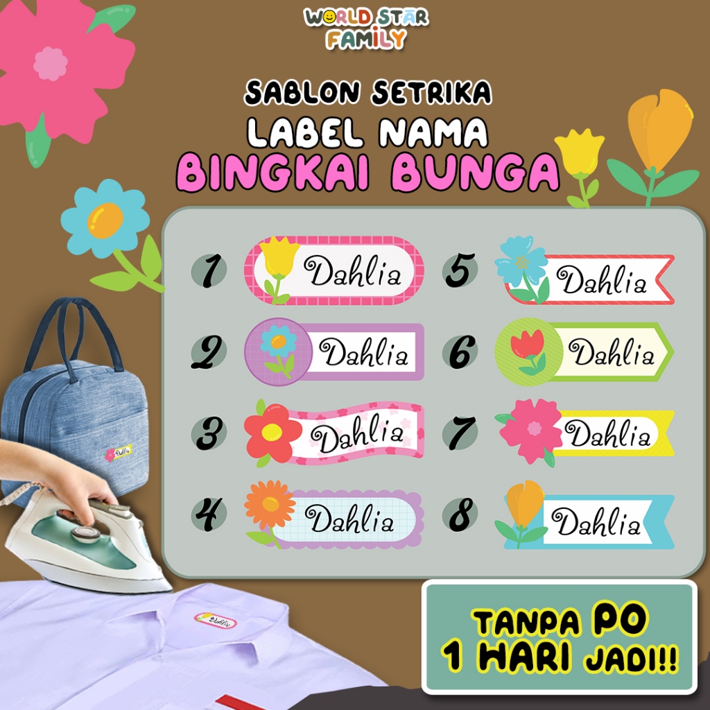

Wsf Stiker bingkai bunga custom Sticker Nama Label Printing Kain kaos Sablon Setrika GRATIS Custom Nama Stiker Label DTF Tinggal di setrika