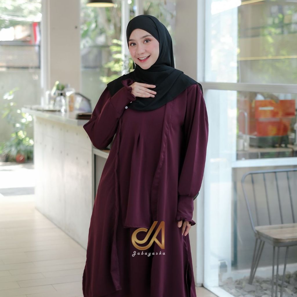 Jabayaska - Alisha Set Rok Bahan Anti UV Setelan Atasan Rok Tunik Wanita Gamis Muslim Lengan Kancing