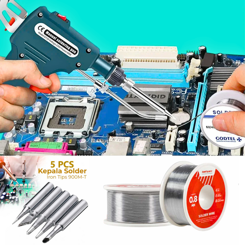 ORI Taffware Solder Listrik Tembak + timah set Mata 5 pcs lengkap 60 Watt GT10