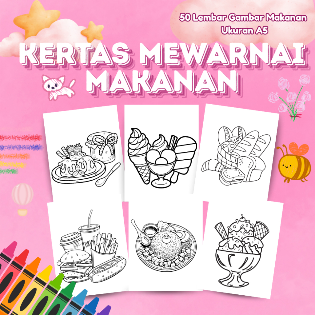 

(50 LEMBAR) Kertas Mewarnai Tema Makanan || Coloring Sheet Makanan Lucu – 50 Lembar Gambar Jelas Tebal || 50 Lembar A5 Siap Pakai || 50 Desain Berbeda || 50 Gambar Makanan untuk Anak Kreatif