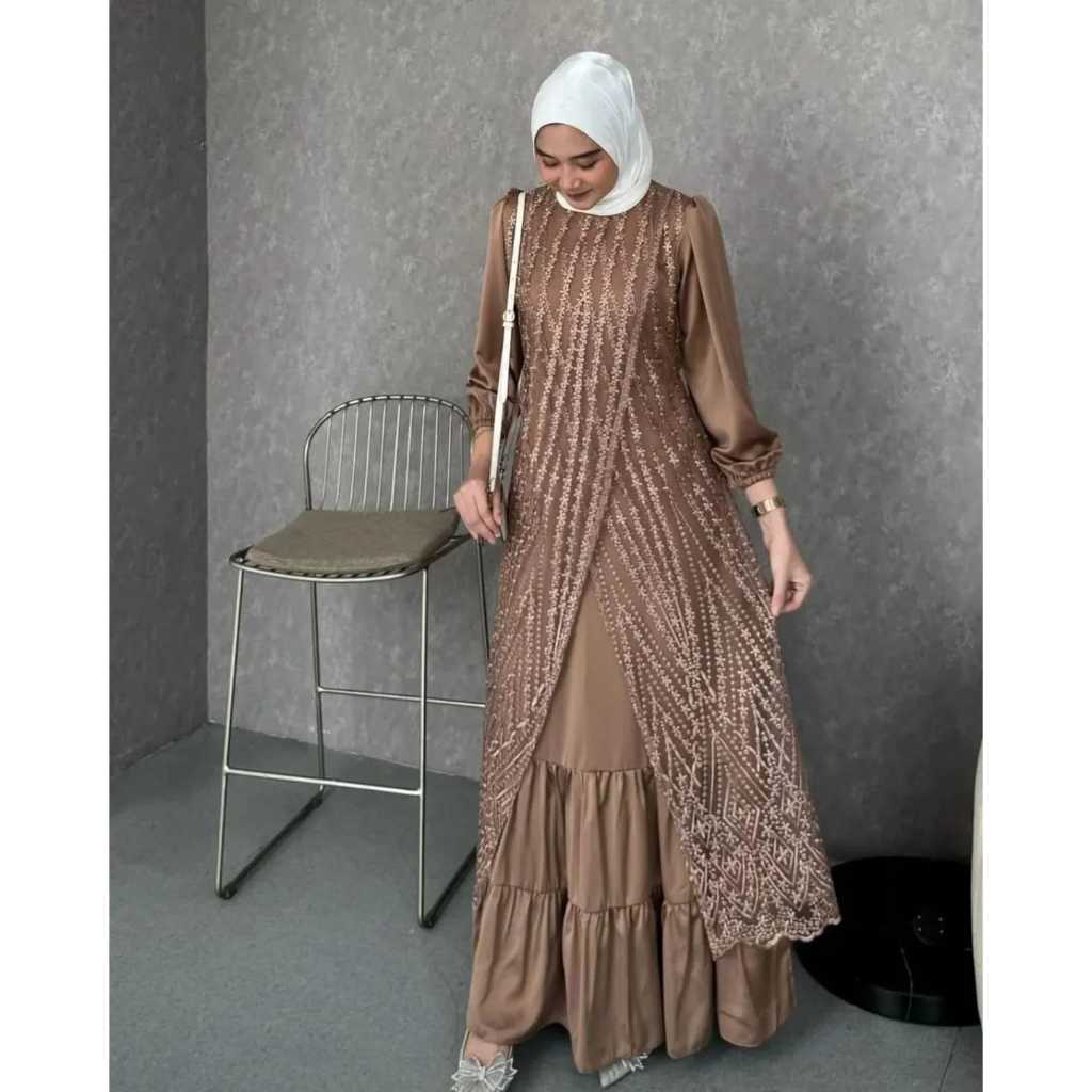 Gamis Anamy Terbaru Elegan Mewah Gamis polos kombinasi burkat Dress wanita ootd Pakaian muslim wanit