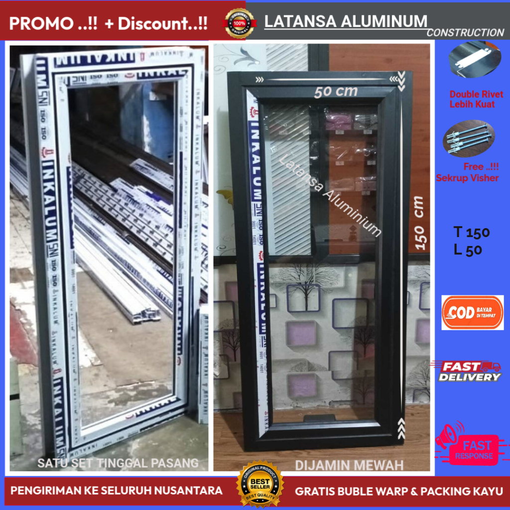 Latansa Jaya Kusen Jendela Aluminium Ukuran 50X150 40X150 40x100 40x120 Kusen Aluminium Lengkap 1Set