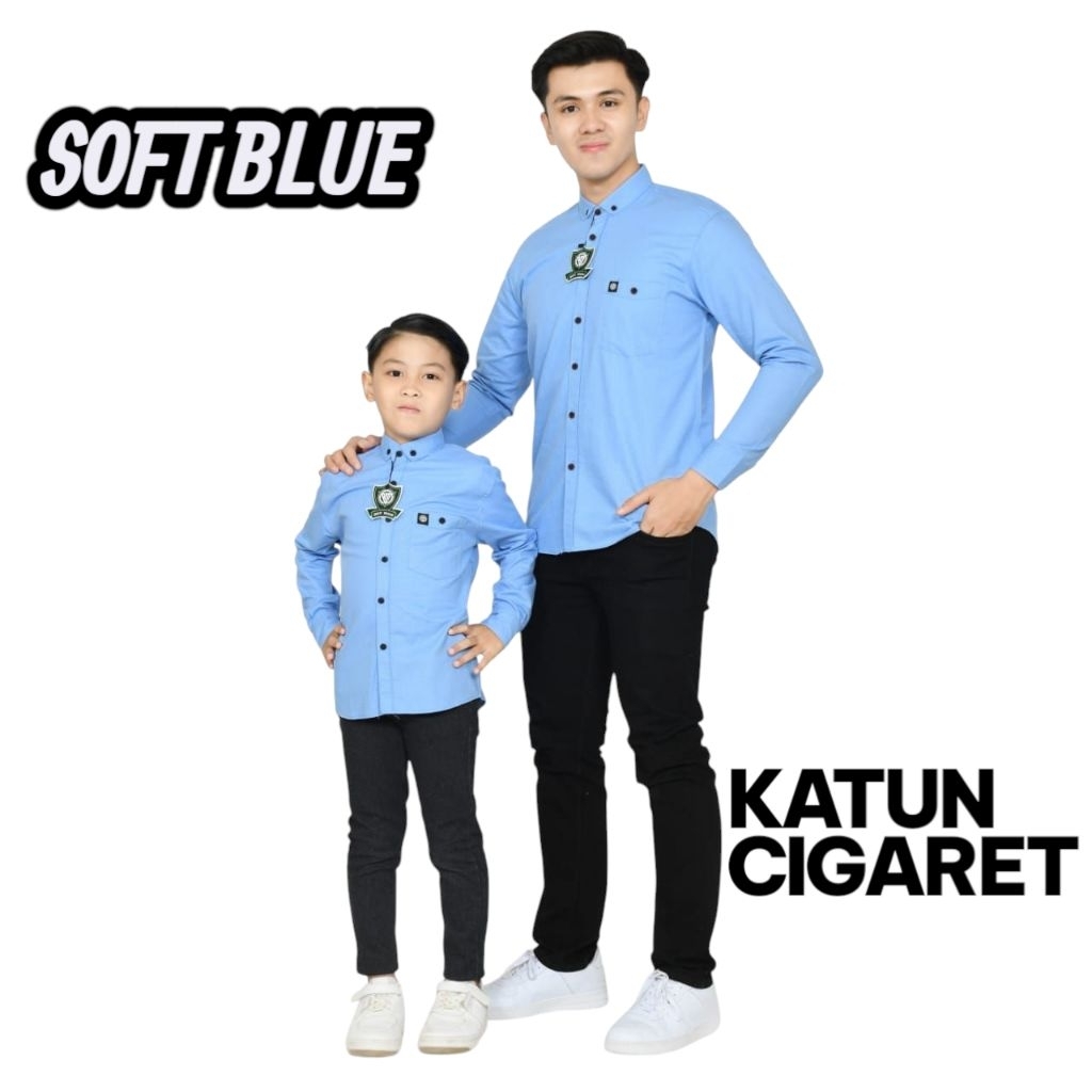 Kemeja Polos Lengan Panjang Premium Katun Cigaret Ayah Dan Anak Warna Soft Blue/Ice Blue