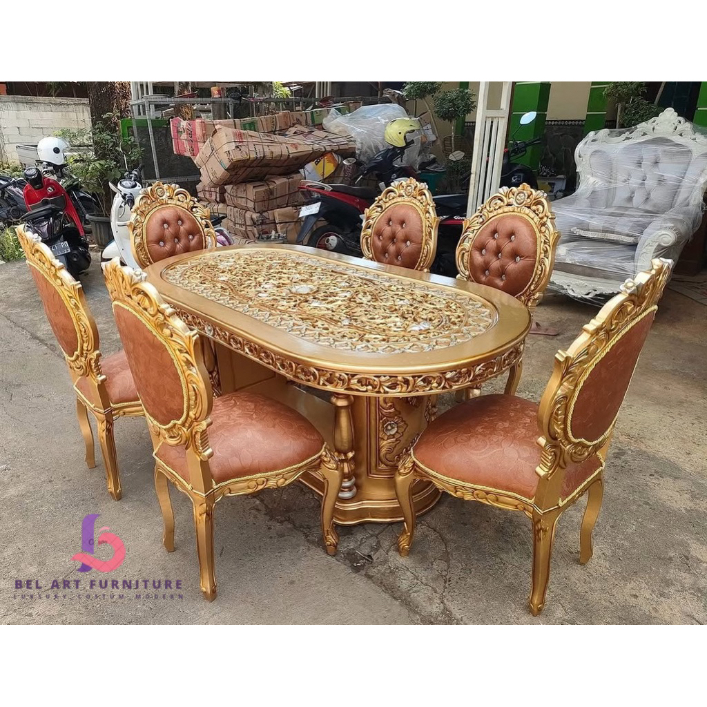 Meja makan ukir Rosalinda kayu jati/kursi makan ukir jati perhutani