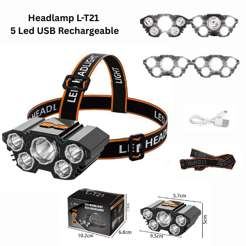 Senter Kepala 40 Watt L-T21 5 Led Rechargerable 4 Mode Cahaya Lampu Senter 50Watt