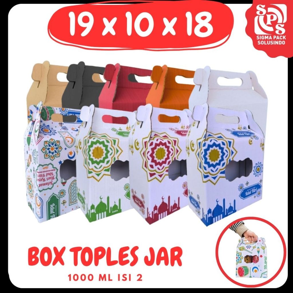 

Box 19x10x18 Jinjing (KUKER TOPLES JAR 1000 ml Isi 2) Gable Box Kardus Kue Kering Toples Tabung / Idul Fitri /Hampers / Lebaran / Gable Box Polos/Motif