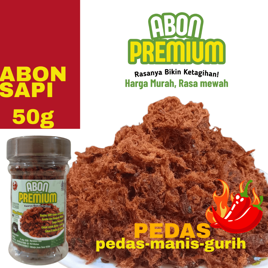 

Abon Sapi PREMIUM Asli Lezat dan Siap Saji 50g PEDAS (Pedas Manis dan Gurih)