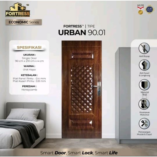 Fortress Type Urban 90x210 Warna Coklat Motif Urat Kayu - 1 Set Kusen Handle Kunci