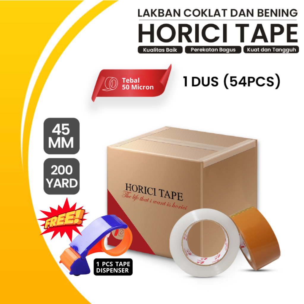 

HORICI 1 DUS LAKBAN OPP JUMBO BENING COKLAT 45MM 200 YARD ISI 54 PCS ISOLASI BENING COKLAT TAPE OPP