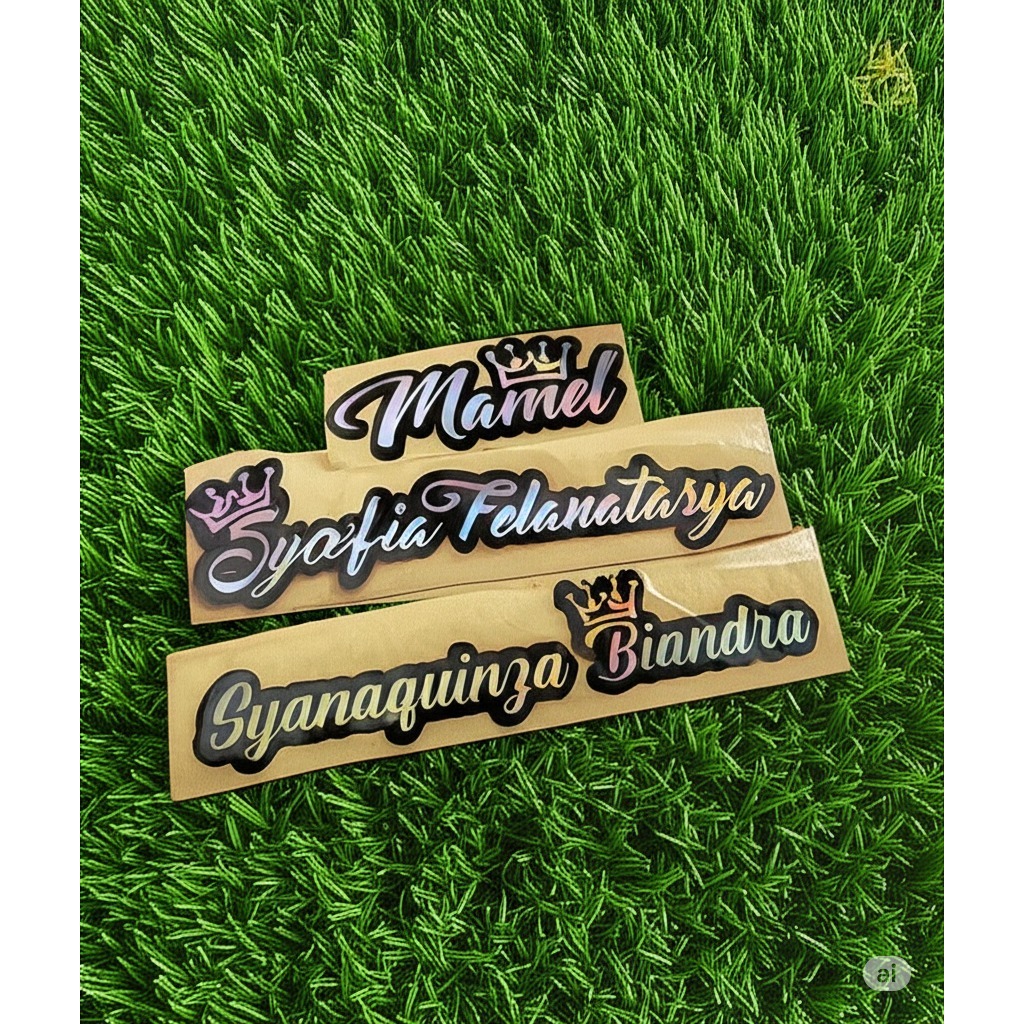 

Stiker Custom Nama Tulisan Cutting Hologram Mahkota Request Nama Bebas Timbul Anti Air Tanpa Minimal Order Pengerjaan Cepat