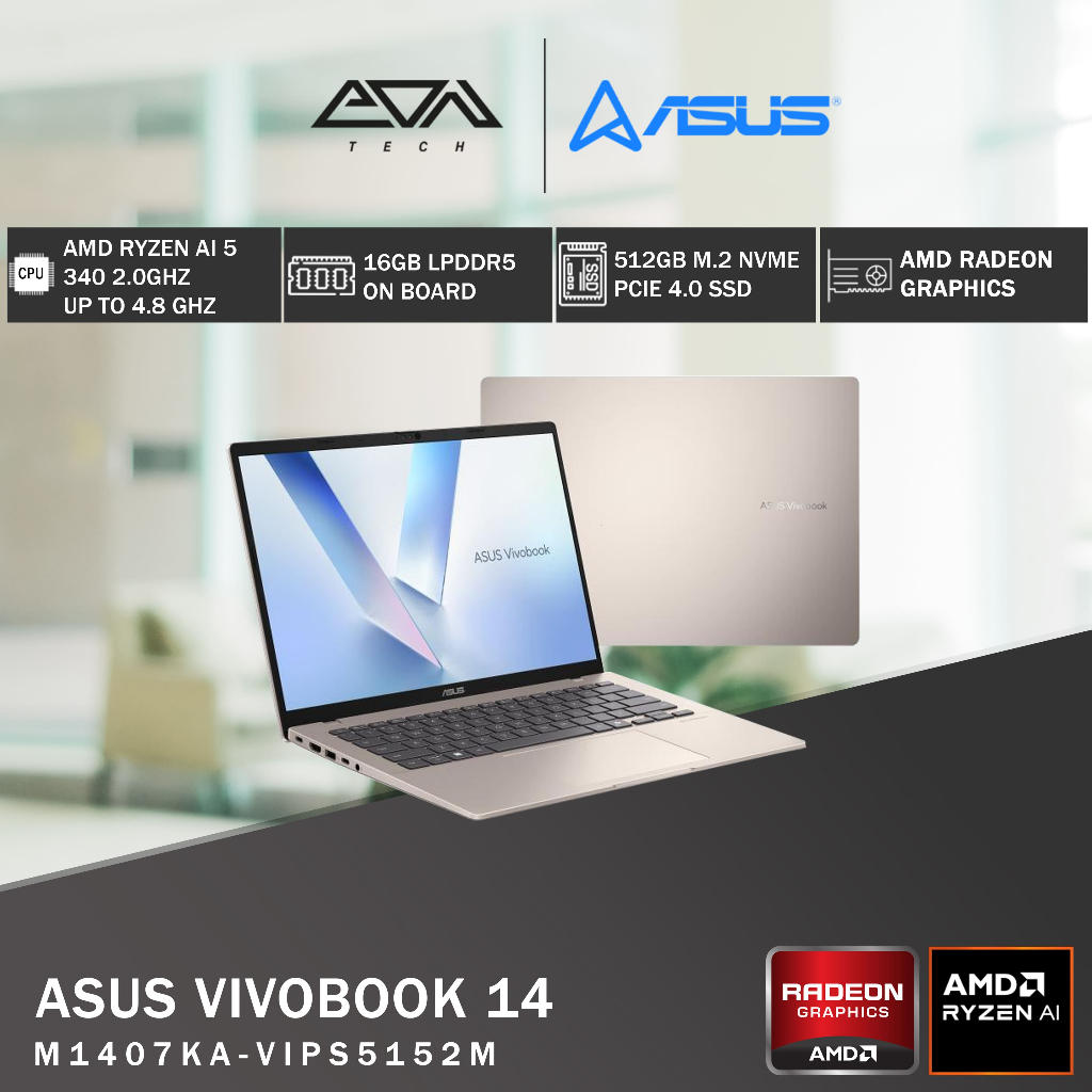 Laptop ASUS VivoBook 14 M1407KA-VIPS5152M Ryzen AI 5 340/16GB/512GB SSD/14" WUXGA/Win 11 Home+OHM 20