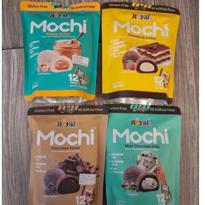 

Royal Family Mochi ( isi 12 pcs ) Gluten Free rasa PEANUT BUTTER / CHOCOLATE / MINT CHOCOLATE CHIP / TIRAMISU CREME